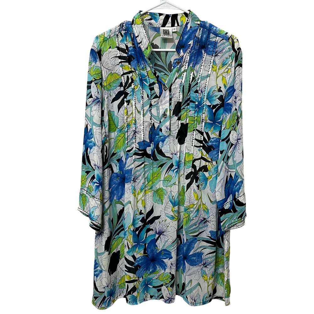USINDO Women's Medium‎ Blue Green Floral Print Long Sleeve Tunic Shirt Top